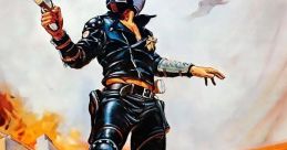 Iconic character in leather gear wielding a gun amidst chaos in a scene inspired by the dystopian film Mad Max (1979).