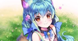 Cute anime girl with blue hair, cat ears, and a purple dress, sitting in a grassy field surrounded by flowers.