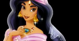 Jasmine from Disney, elegantly posed in a pink outfit adorned with jewels, showcasing her iconic hairstyle and charm.