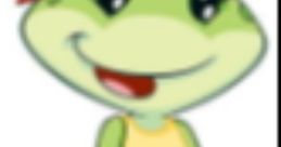 Cheerful green cartoon frog character in a yellow dress, exuding a friendly demeanor and vibrant personality.