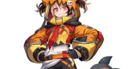 Anime character with a playful outfit featuring orange and black accents, standing confidently alongside a small companion.