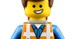 Emmet Brickowski from The Lego Movie, dressed in his signature orange outfit, displaying a cheerful smile and ID badge.