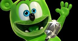 Gummibar the Gummy Bear sings joyfully into a microphone, showcasing excitement in his vibrant green character style.