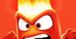 Anger from *Inside Out*, depicted with fiery red hair, shouting furiously in a suit, expressing intense emotion.