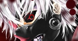 Ken Kaneki in his iconic ghoul form, showcasing white hair, vivid red eyes, and a sinister grin against a dark background.