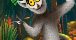 Mort from Madagascar: All Hail King Julien joyfully dancing amidst vibrant jungle foliage. Colorful character in action!