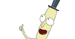 Mr. Poopybutthole from Rick and Morty, donned in a top hat and blue shirt, striking a cheerful pose with a thumbs up.