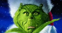 Grinch in a Santa hat, furrowed brow, looming over Whoville, capturing the essence of "How the Grinch Stole Christmas.