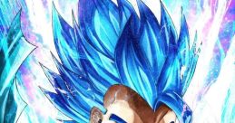 Gogeta from DBZ and DBS, showcasing vibrant blue hair and an intense battle-ready expression. Majestic energy aura surrounds him.