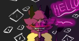 Henry Miller, a stylish character from DSaF, greets with a neon "HELLO" amidst a whimsical backdrop.