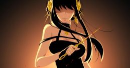 Yor Forger from SPYxFAMILY holds a knife, dressed in black, exuding a fierce and mysterious aura against a dark background.