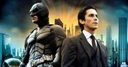 Batman stands strong alongside Bruce Wayne in a skyline setting, embodying the duality of Christian Bale's iconic portrayal.