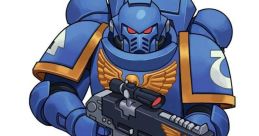 Blue Space Marine in powerful armor holding a futuristic weapon, representing the Warhammer 40K universe's iconic warriors.