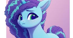 Misty Brightdawn from My Little Pony: Make Your Mark, featuring her unique blue coat and vibrant curls.