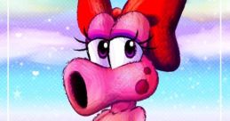 Birdo from Super Mario Advance, featuring a pink character with a large bow, vibrant colors, and a playful expression.