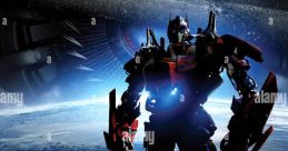 Optimus Prime stands tall in space, showcasing iconic Cybertronian features and powerful presence in the universe.