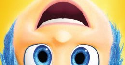 Joy from "Inside Out" has bright blue hair and expressive eyes against a cheerful yellow background, radiating happiness.