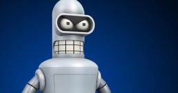 Bender from Futurama, a silver robot with a mischievous grin, standing against a blue background.