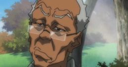 Thoughtful Robert Freeman from "The Boondocks," showcasing his wise expression amid a serene outdoor setting.