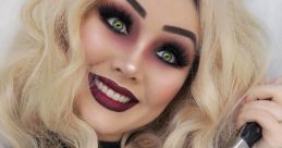 Tiffany Valentine-inspired look with dramatic makeup and a knife, showcasing a blend of glam and horror aesthetics.