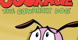Courage the Cowardly Dog looks anxious in front of a spooky house, showcasing his signature comedic fearfulness.