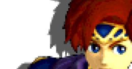 Roy from Super Smash Bros. Melee, showcasing his vibrant red hair and iconic armor in a classic pixel art style.