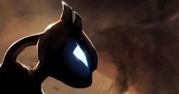 Mewtwo stands in a dynamic pose, surrounded by a dark, swirling backdrop, exuding power and determination.