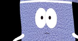 Towelie, the animated towel character, features a worried expression, white stripes, and cartoonish arms and legs.