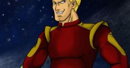 Zapp Brannigan poses confidently in a red uniform, with a skeptical alien companion against a starry backdrop.