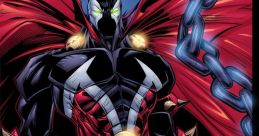 Dynamic portrayal of Spawn, featuring his iconic red cape, glowing eyes, and menacing chains, embodying dark heroism.