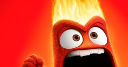 Anger from "Inside Out" fiercely yells, flames erupting from his head, highlighting his fiery emotional intensity against a red background.