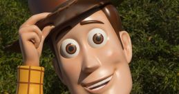 Woody from Toy Story, wearing his cowboy hat and sheriff badge, smiling amid a lush green backdrop. Fun and playful character.