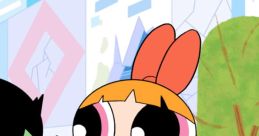 Blossom from Powerpuff Girls smiles while standing beside another character in a vibrant animated city setting.
