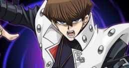 Seto Kaiba in a dynamic pose, wearing a stylish white coat, exuding confidence with a dark background.