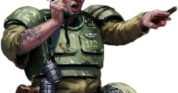 Сержант Имперских гвардейцев из Warhammer 40,000 в боевой экипировке, указывающий на цель с решимостью.