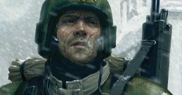 Imperial Guard soldier braving a snowstorm, embodying resilience in Warhammer 40,000: Dawn of War's grim universe.