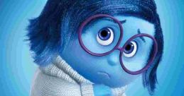 Sadness from "Inside Out" cradles a glowing blue orb, embodying emotion and vulnerability in a whimsical, colorful setting.