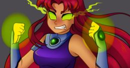 Starfire showcases her powers with a fierce expression, glowing energy orbs, and vibrant red hair, embodying her superhero essence.