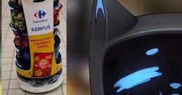 Friendly robot Kerfús promoting snacks at Carrefour, showcasing a playful design and vibrant product display.