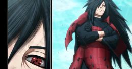 Madara Uchiha stands confidently, showcasing his signature red armor and intense gaze against a dramatic sky backdrop.