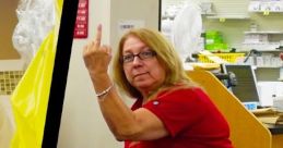 Woman in a red shirt expressing frustration, showcasing a strong reaction typical of public bathroom situations.