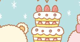 Fuwamoco characters gather around a festive dessert table with a colorful cake and assorted sweets, celebrating joyfully.