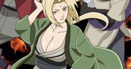 Tsunade smiles confidently, her long blonde hair framing her face, surrounded by a soft, snowy background.