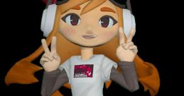 Cheerful animated character Meggy Spletzer with headphones, wearing a t-shirt and shorts, posing with peace signs.
