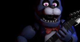 Bonnie the Bunny, a blue animatronic, plays a red guitar, showcasing its musical prowess in a dark setting.