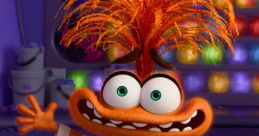 Anxiety character from "Inside Out" with vibrant orange hair, striped shirt, and playful expression in colorful setting.