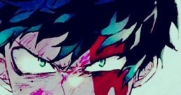 Izuku Midoriya with intense expression and battle paint, showcasing his determination from My Hero Academia.