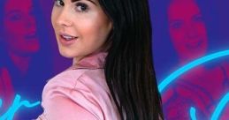 Female model in a pink blouse posing confidently against a vibrant, colorful background for Jerkmate promotions.