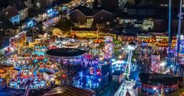 Vibrant funfair scene at night, featuring colorful rides, games, and bright lights filled with excited visitors.