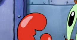 Mr. Krabs expressing surprise in the Krusty Krab, showcasing his iconic red claw and blue shirt.